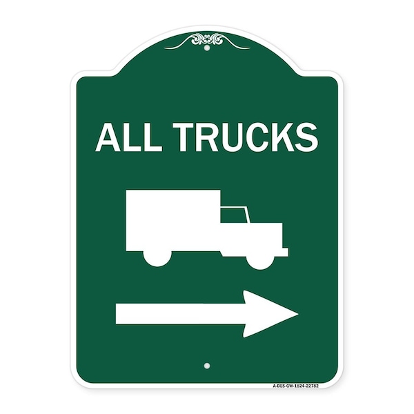 Trucks Sign All Trucks W/ Truck & Right Arrow, Green & White Aluminum Sign, 18" x 24", GW-1824-22782